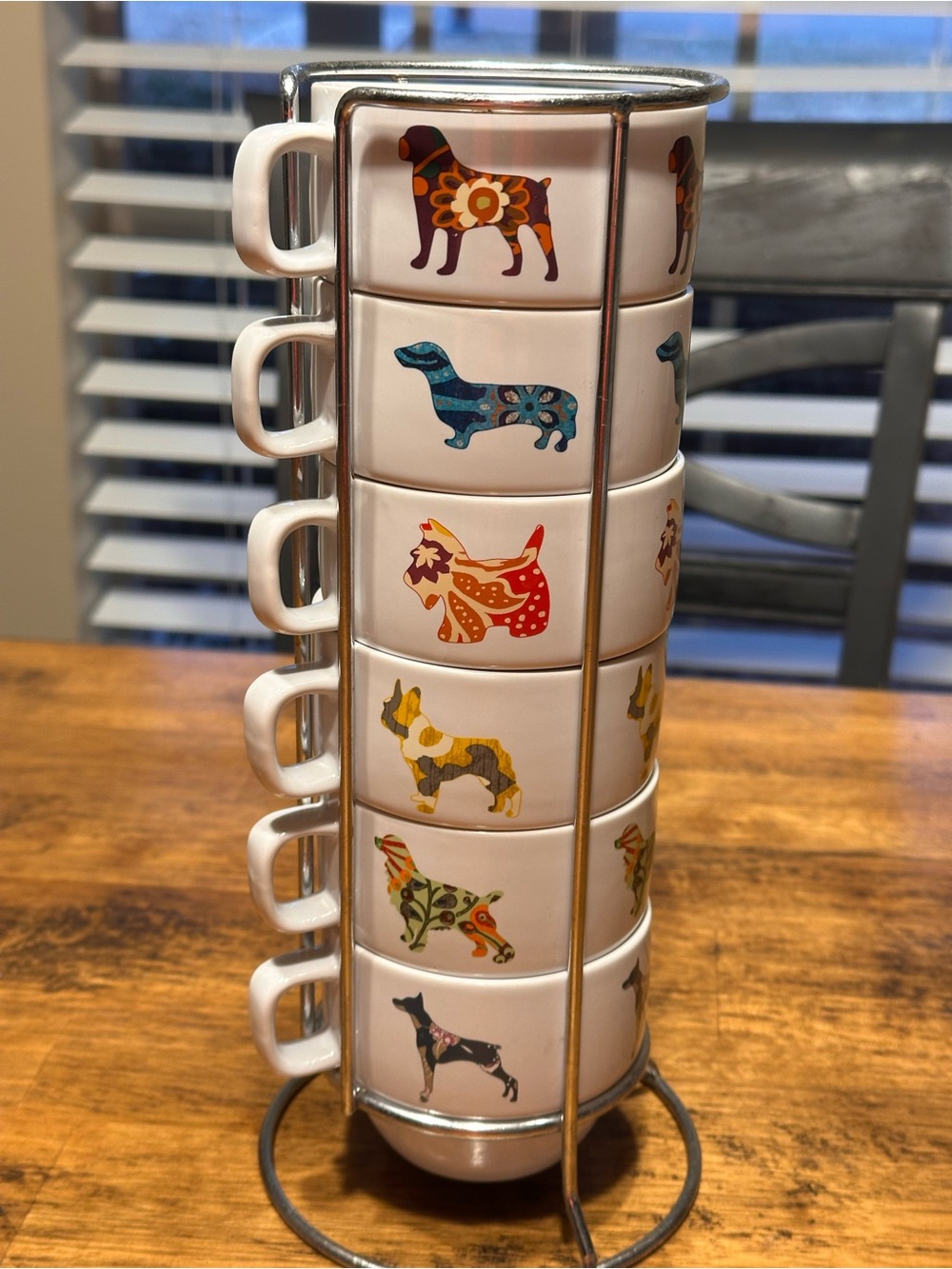 Vintage World Market Ceramic Dog Pattern Cup Set of 6 with Stand EUC